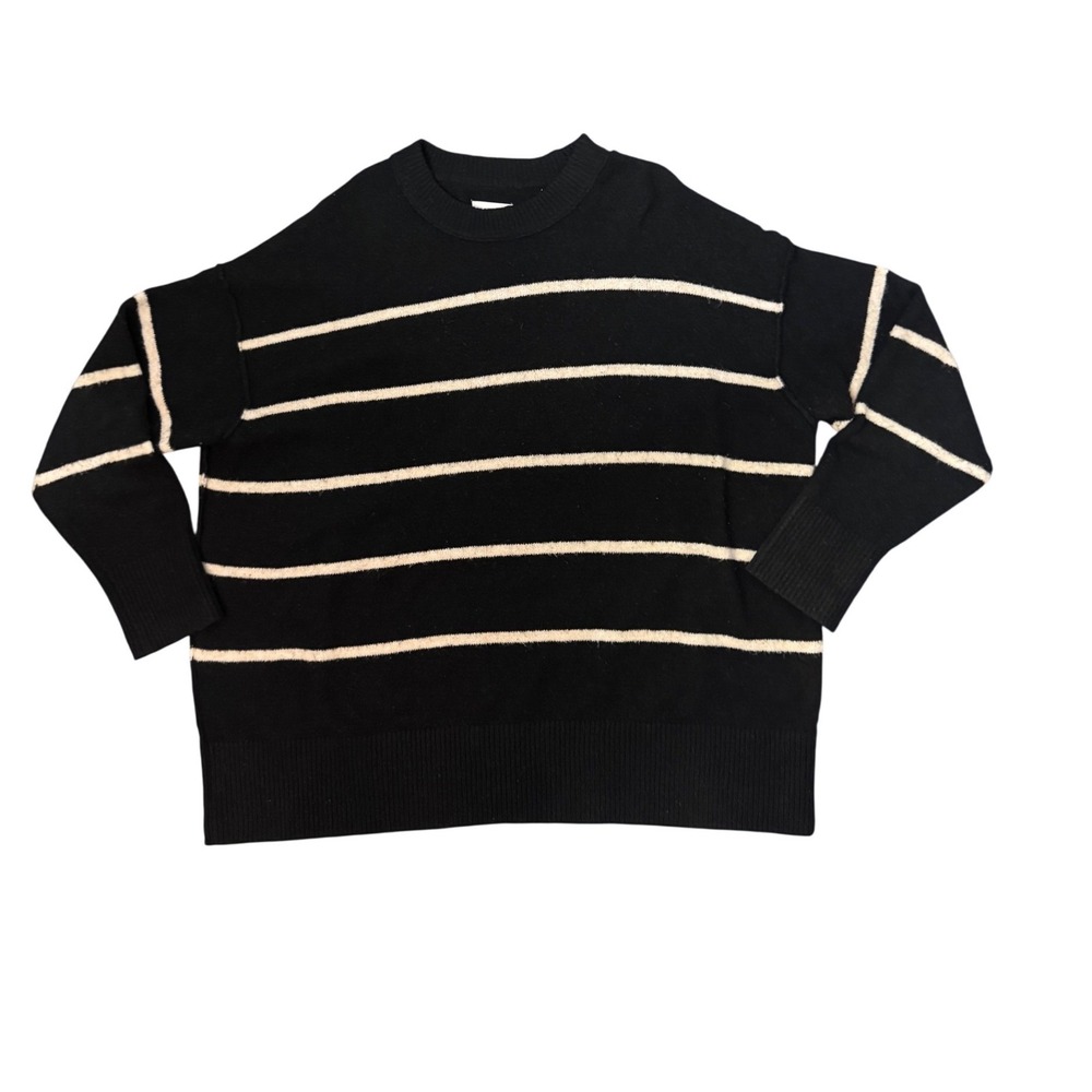 Aerie Womens Oversized Striped Knit Sweater Black Cream Crew Neck Medium M